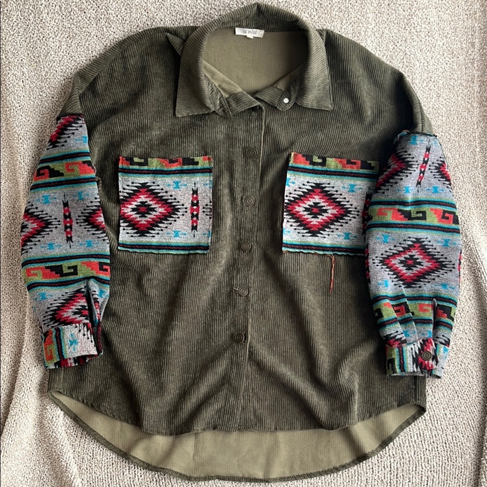 Olive Corduroy Button Up Jacket Shirt with Colorful Aztec Sleeves